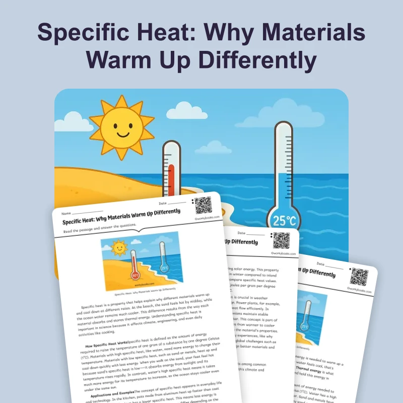 Specific Heat — science — reading comprehension for Grade 5, Grade 6, Grade 7, Grade 8, page 1 of 4