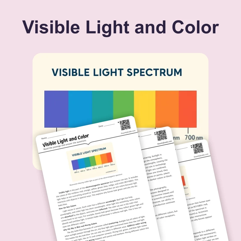 Visible Light and Color — science — reading comprehension for Grade 5, Grade 6, Grade 7, Grade 8, page 1 of 4