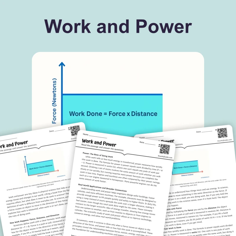 Work and Power — science — reading comprehension for Grade 5, Grade 6, Grade 7, Grade 8, page 1 of 4