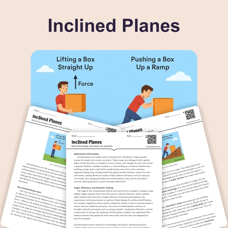 Inclined Planes — science — reading comprehension for Grade 5, Grade 6, Grade 7, Grade 8, page 1 of 4