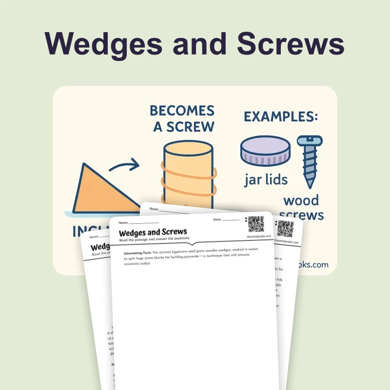 Wedges and Screws — science — reading comprehension for Grade 5, Grade 6, Grade 7, Grade 8, page 1 of 4