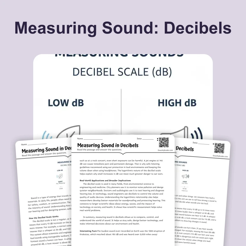 Measuring Sound in Decibels — science — reading comprehension for Grade 5, Grade 6, Grade 7, Grade 8, page 1 of 4