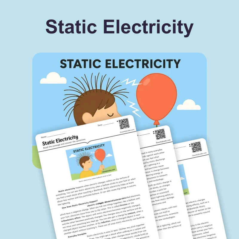 Static Electricity — science — reading comprehension for Grade 5, Grade 6, Grade 7, Grade 8, page 1 of 4