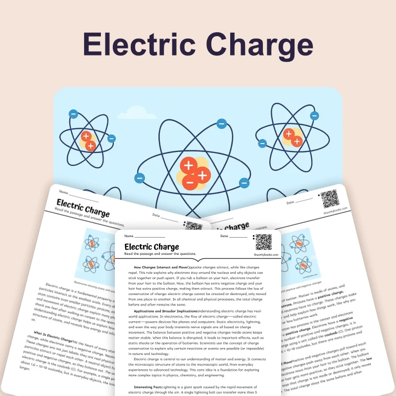 Electric Charge — science — reading comprehension for Grade 5, Grade 6, Grade 7, Grade 8, page 1 of 4