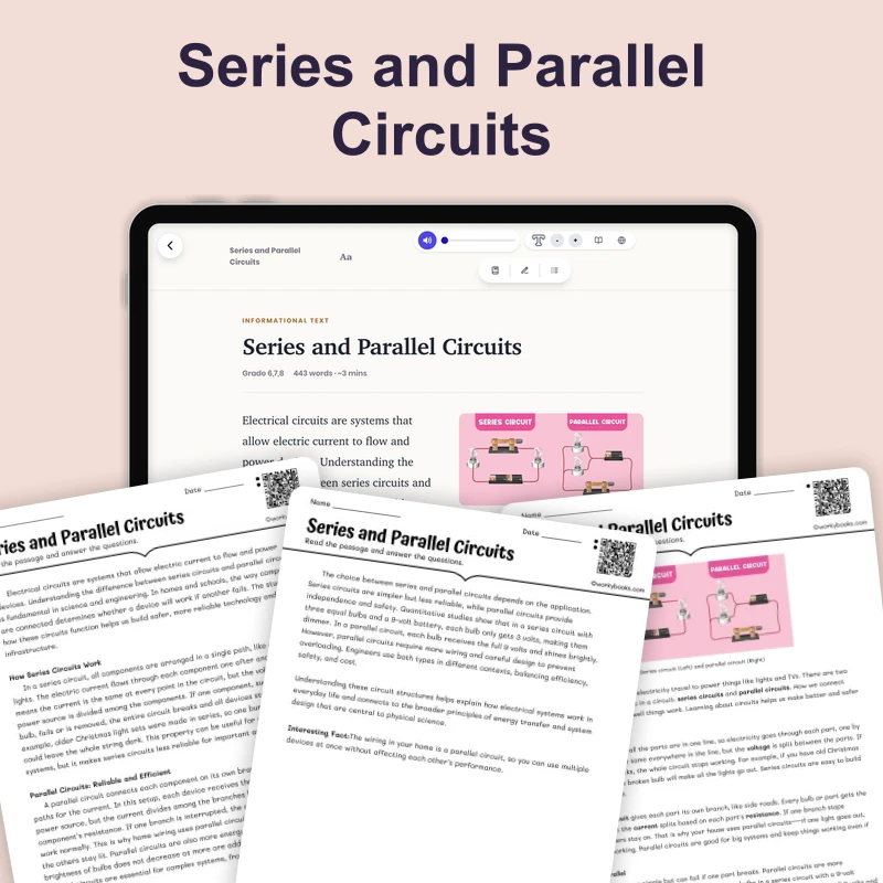 Series and Parallel Circuits — reading — reading comprehension for Grade 5, Grade 6, Grade 7, Grade 8, page 1 of 4