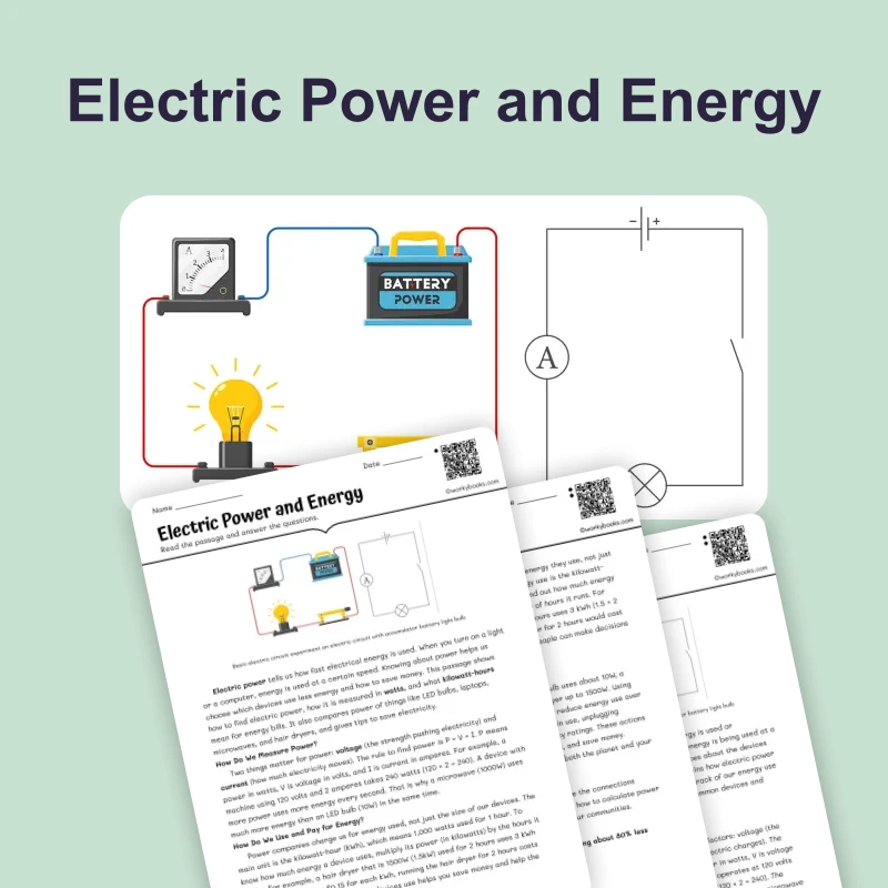 Electric Power and Energy — science — reading comprehension for Grade 5, Grade 6, Grade 7, Grade 8, page 1 of 4