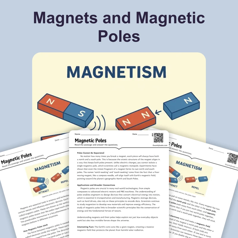 Magnetic Poles — science — reading comprehension for Grade 5, Grade 6, Grade 7, Grade 8, page 1 of 4