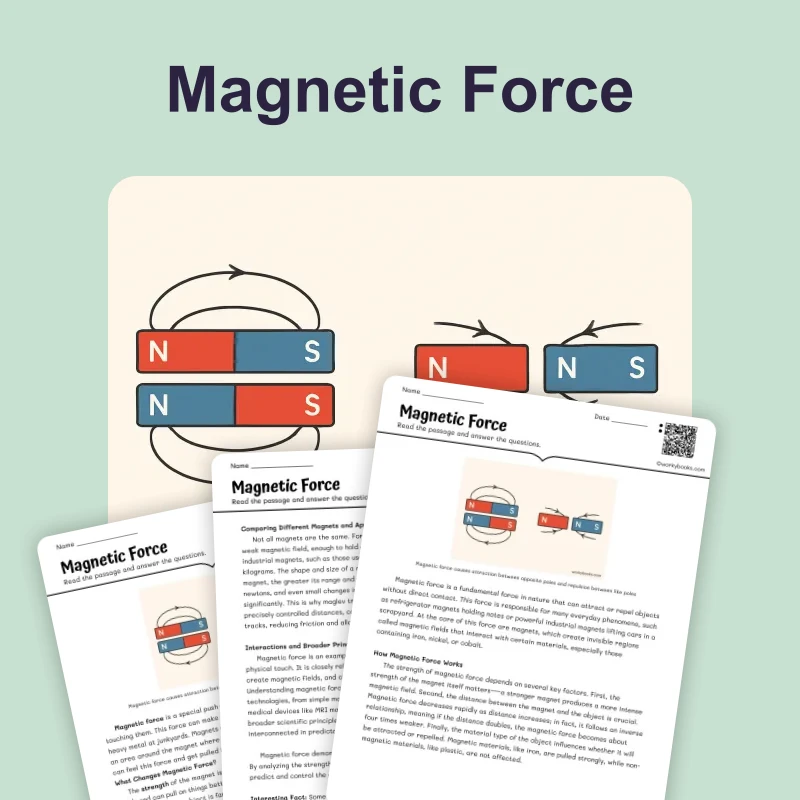 Magnetic Force — science — reading comprehension for Grade 5, Grade 6, Grade 7, Grade 8, page 1 of 4
