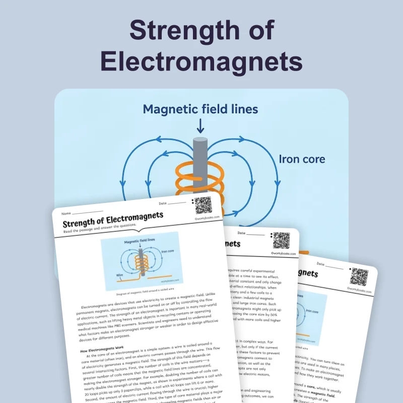 Strength of Electromagnets — science — reading comprehension for Grade 5, Grade 6, Grade 7, Grade 8, page 1 of 4