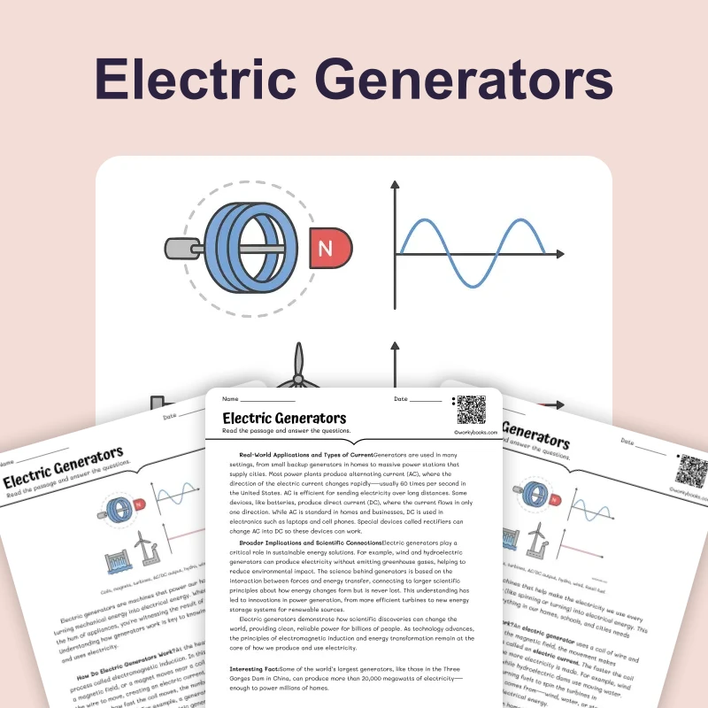 Electric Generators — science — reading comprehension for Grade 5, Grade 6, Grade 7, Grade 8, page 1 of 4
