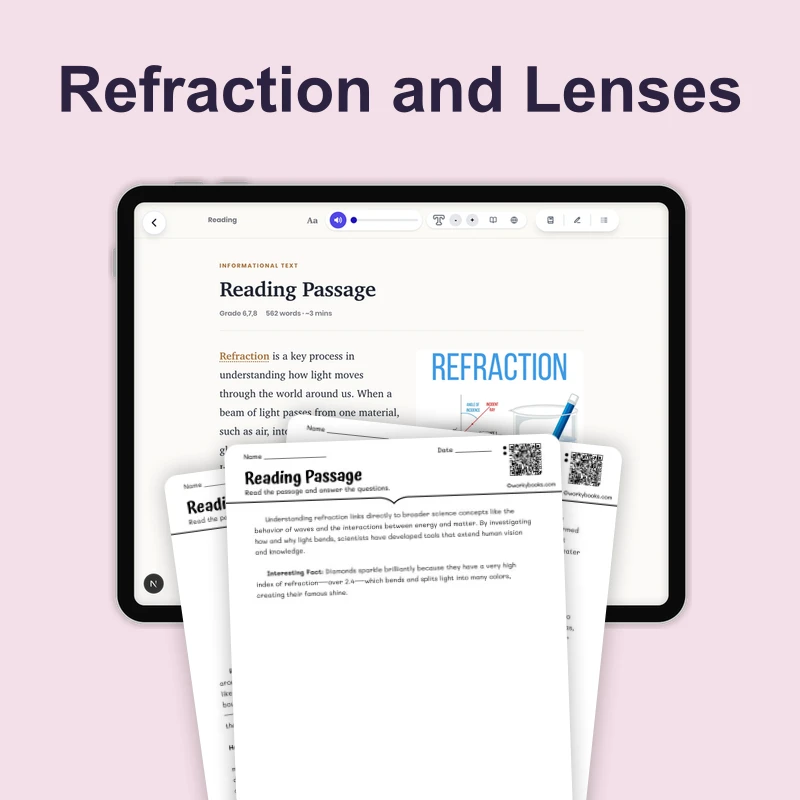 Refraction and Lenses — science — reading comprehension for Grade 5, Grade 6, Grade 7, Grade 8, page 1 of 4