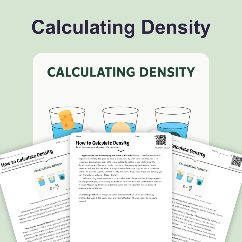 Calculating Density — science — reading comprehension for Grade 5, Grade 6, Grade 7, Grade 8, page 1 of 4