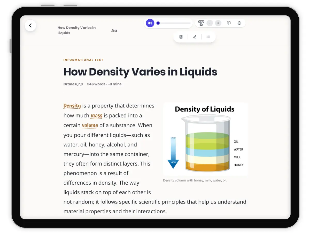 How Density Varies in Liquids — science — reading comprehension for Grade 5, Grade 6, Grade 7, Grade 8, page 1 of 4
