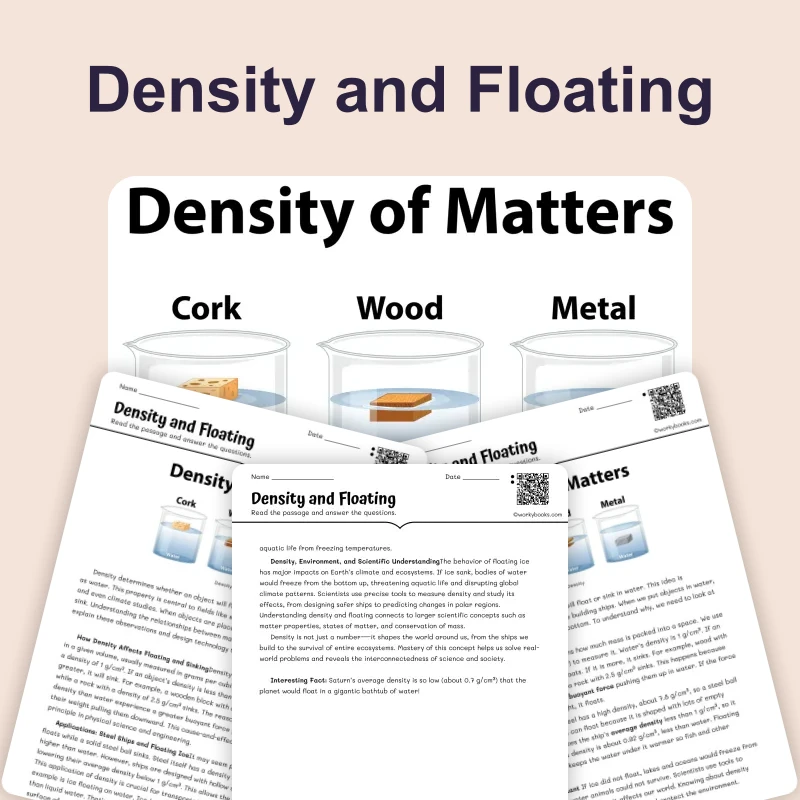 Density and Floating — science — reading comprehension for Grade 5, Grade 6, Grade 7, Grade 8, page 1 of 4