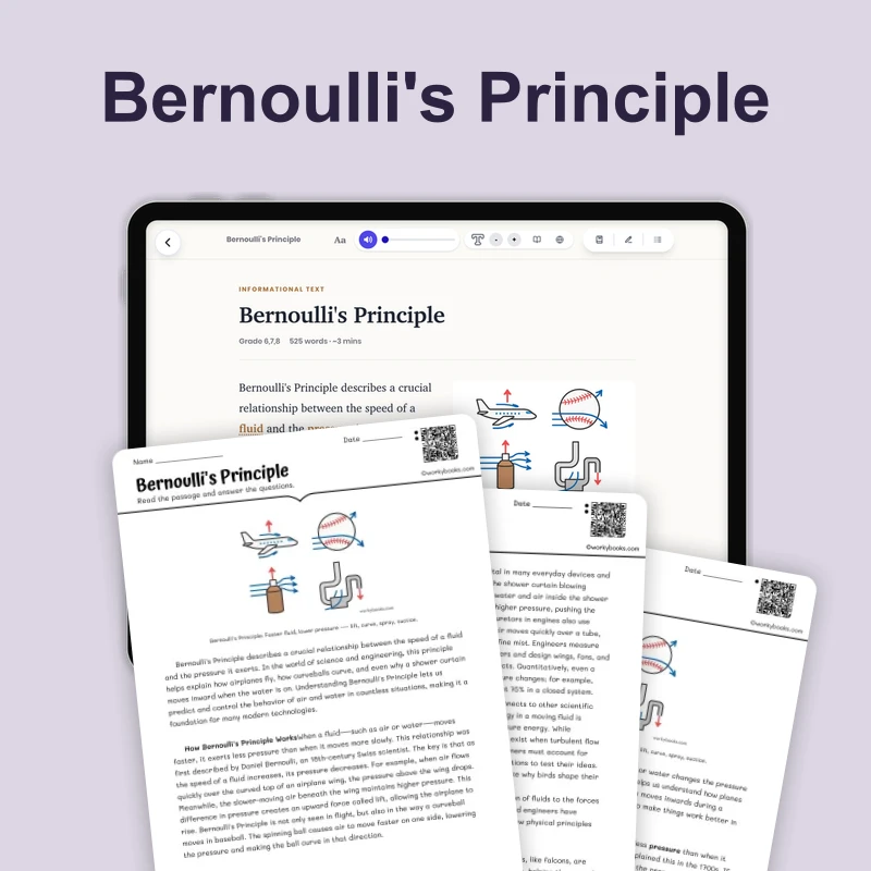 Bernoulli's Principle — science — reading comprehension for Grade 5, Grade 6, Grade 7, Grade 8, page 1 of 4