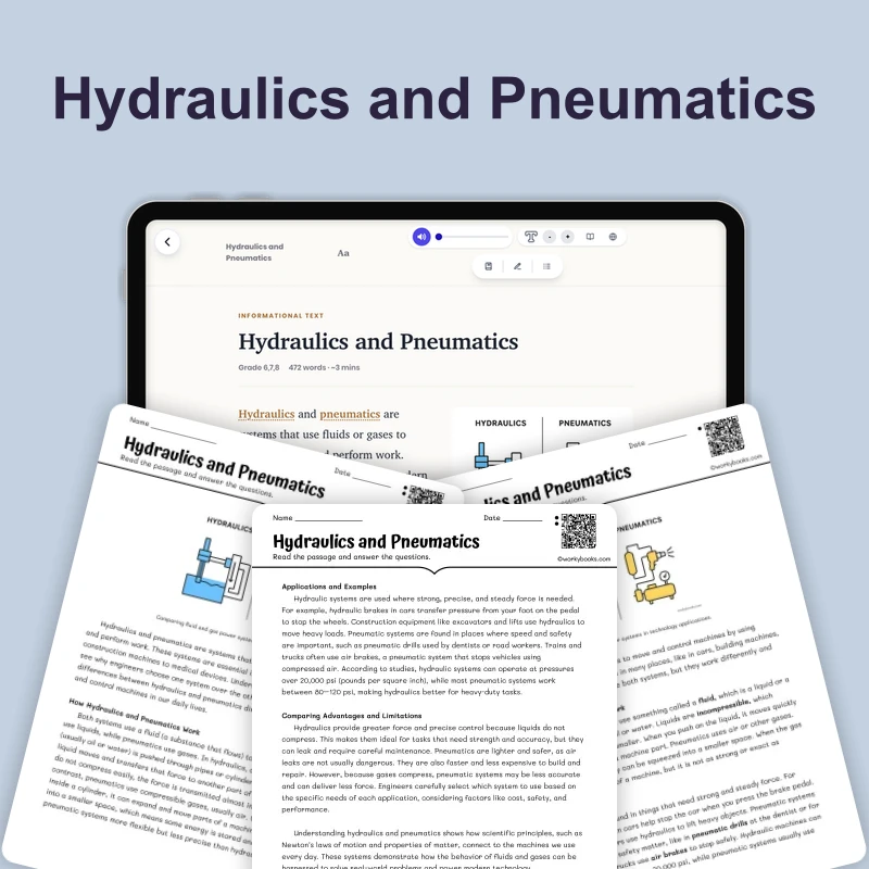 Hydraulics and Pneumatics — science — reading comprehension for Grade 5, Grade 6, Grade 7, Grade 8, page 1 of 4