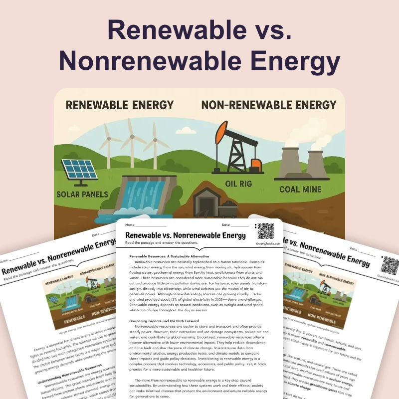Renewable vs. Nonrenewable Energy — science — reading comprehension for Grade 5, Grade 6, Grade 7, Grade 8, page 1 of 4