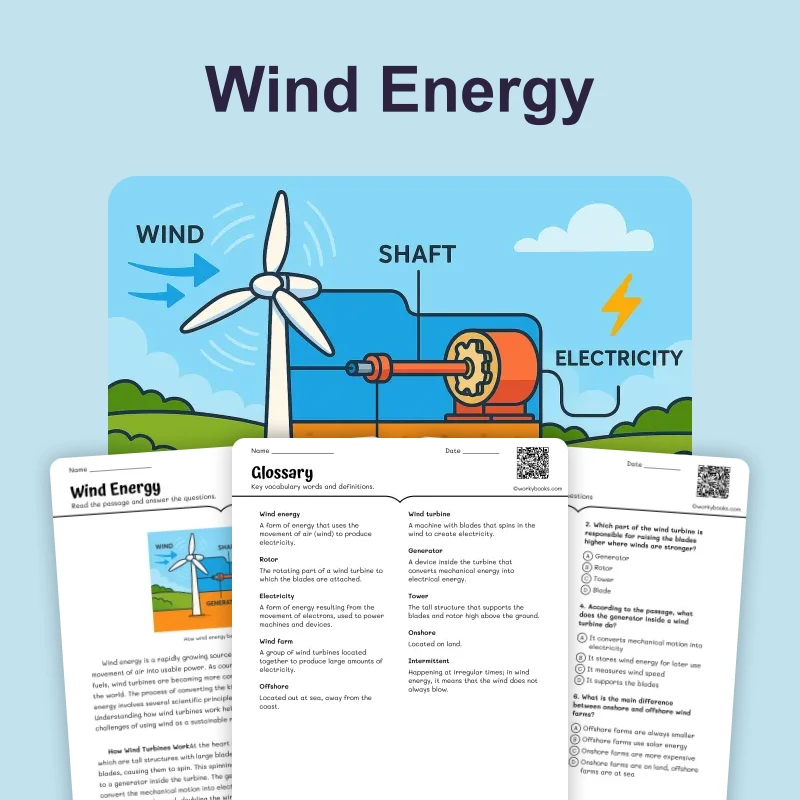 Wind Energy — science — reading comprehension for Grade 5, Grade 6, Grade 7, Grade 8, page 1 of 4