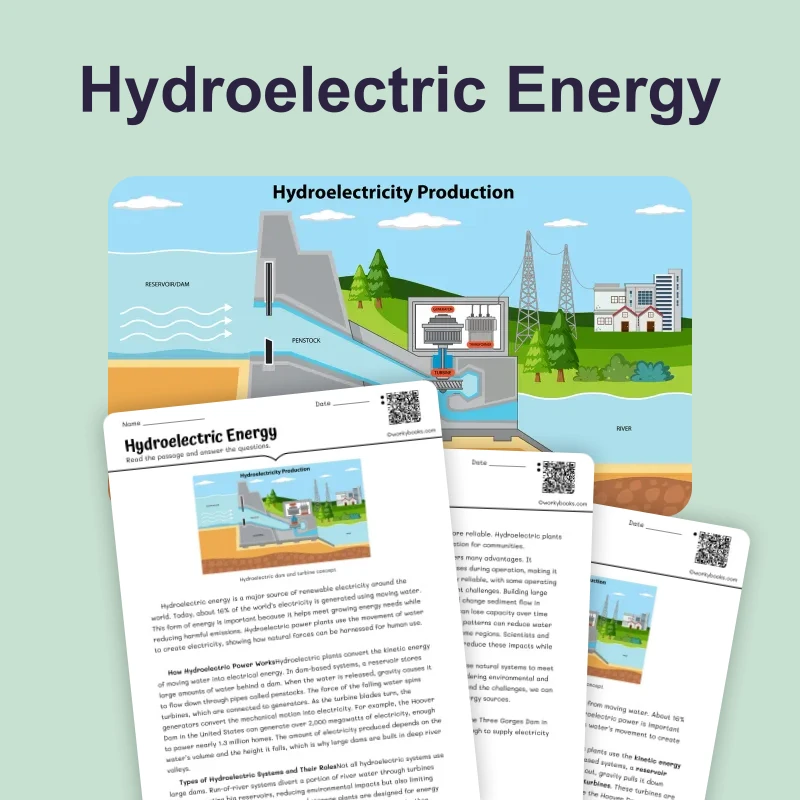 Hydroelectric Energy — science — reading comprehension for Grade 5, Grade 6, Grade 7, Grade 8, page 1 of 4