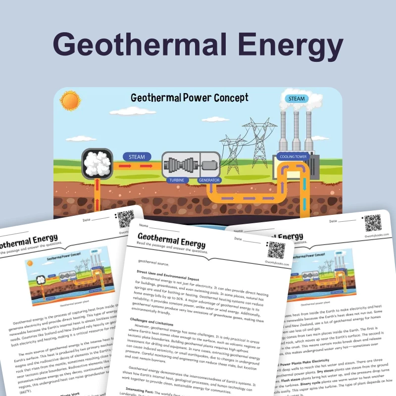 Geothermal Energy — science — reading comprehension for Grade 5, Grade 6, Grade 7, Grade 8, page 1 of 4