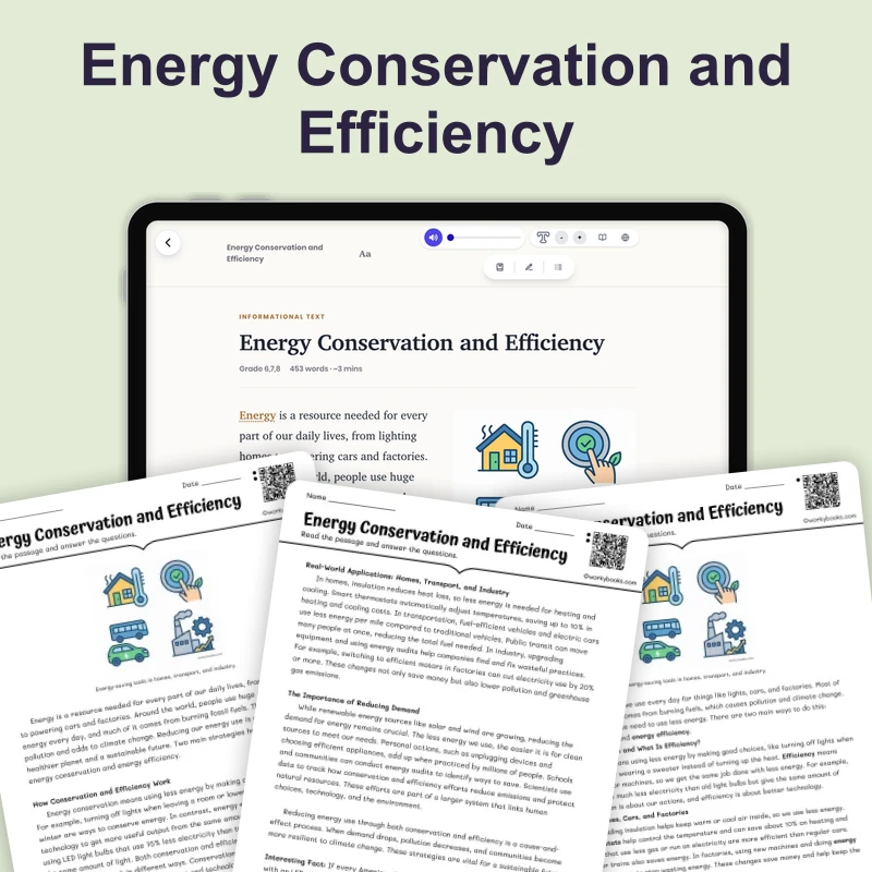 Energy Conservation and Efficiency — science — reading comprehension for Grade 5, Grade 6, Grade 7, Grade 8, page 1 of 4