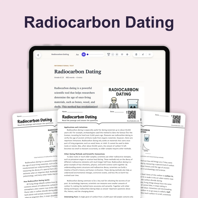 Radiocarbon Dating — science — reading comprehension for Grade 5, Grade 6, Grade 7, Grade 8, page 1 of 4