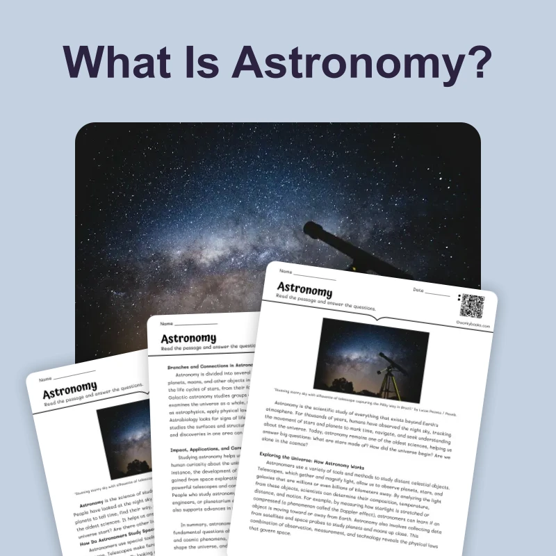 Astronomy — science — reading comprehension for Grade 5, Grade 6, Grade 7, Grade 8, page 1 of 4