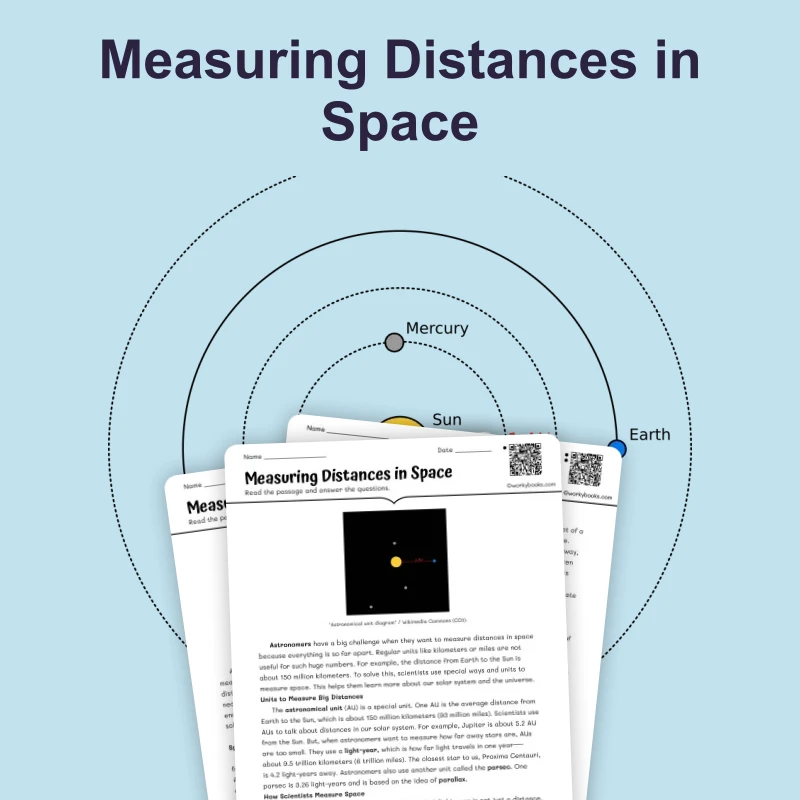 Measuring Distances in Space — science — reading comprehension for Grade 5, Grade 6, Grade 7, Grade 8, page 1 of 4