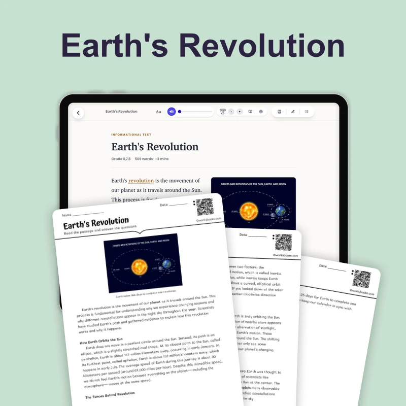Earth's Revolution — science — reading comprehension for Grade 5, Grade 6, Grade 7, Grade 8, page 1 of 4