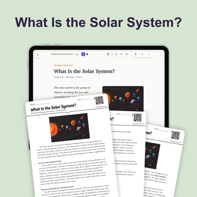 What Is the Solar System? — science — reading comprehension for Grade 5, Grade 6, Grade 7, Grade 8, page 1 of 4
