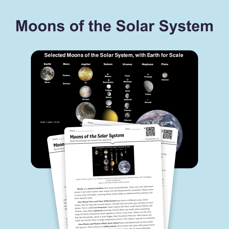Moons of the Solar System — science — reading comprehension for Grade 5, Grade 6, Grade 7, Grade 8, page 1 of 4