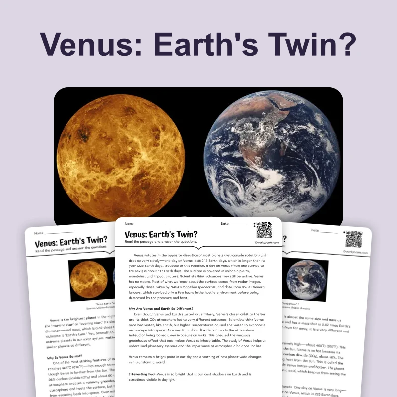 Venus: Earth's Twin? — science — reading comprehension for Grade 5, Grade 6, Grade 7, Grade 8, page 1 of 4