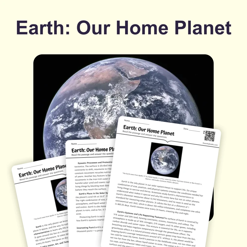Earth: Our Home Planet — science — reading comprehension for Grade 5, Grade 6, Grade 7, Grade 8, page 1 of 4