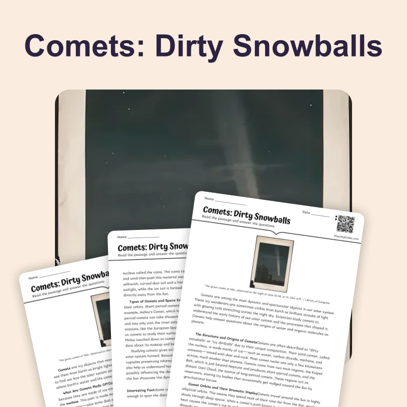 Comets — science — reading comprehension for Grade 5, Grade 6, Grade 7, Grade 8, page 1 of 4