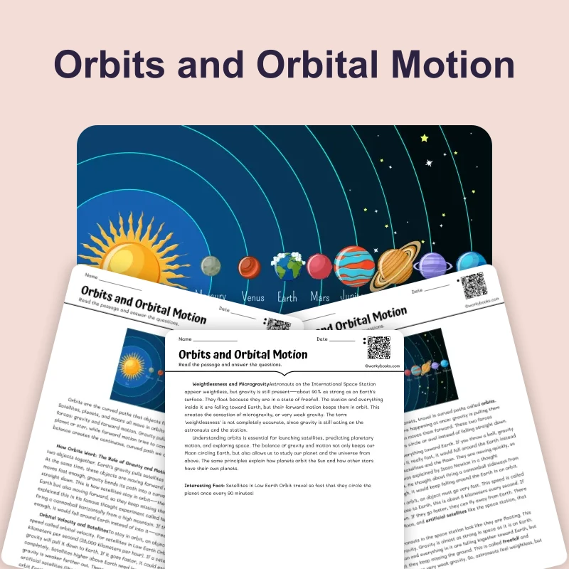 Orbits and Orbital Motion — science — reading comprehension for Grade 5, Grade 6, Grade 7, Grade 8, page 1 of 4