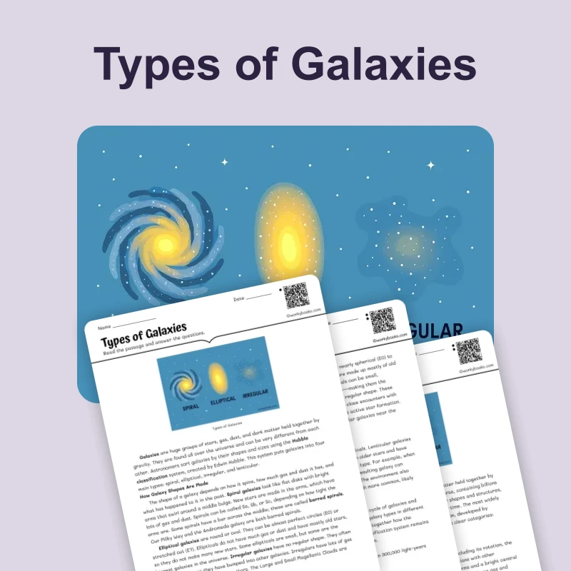 Types of Galaxies — science — reading comprehension for Grade 5, Grade 6, Grade 7, Grade 8, page 1 of 4