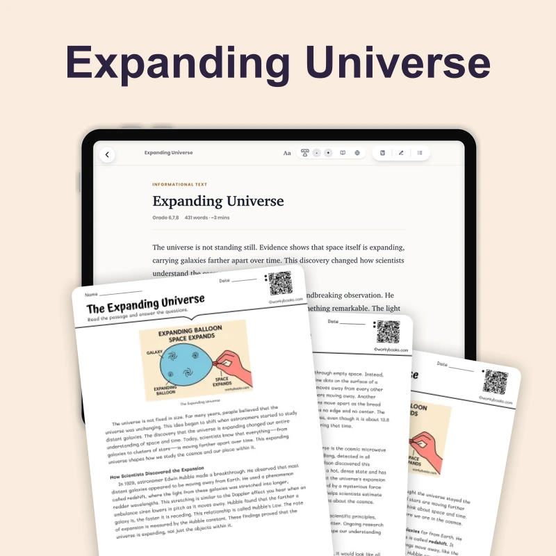 Expanding Universe — science — reading comprehension for Grade 5, Grade 6, Grade 7, Grade 8, page 1 of 4
