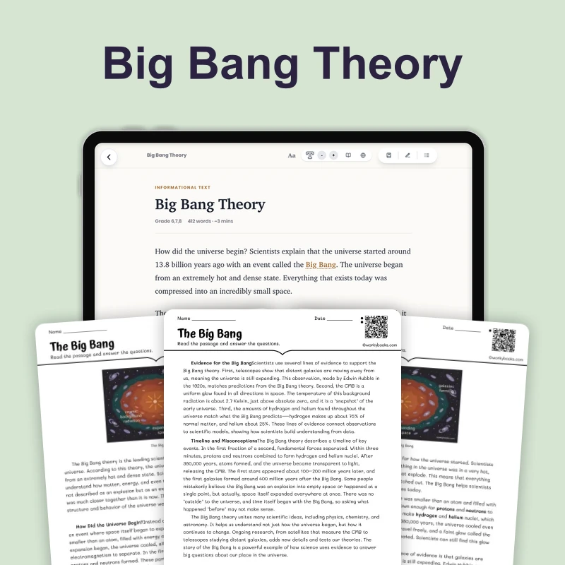 Big Bang Theory — science — reading comprehension for Grade 5, Grade 6, Grade 7, Grade 8, page 1 of 4