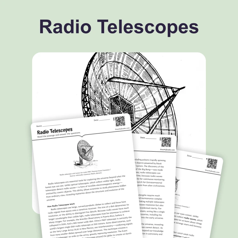 Radio Telescopes — science — reading comprehension for Grade 5, Grade 6, Grade 7, Grade 8, page 1 of 4