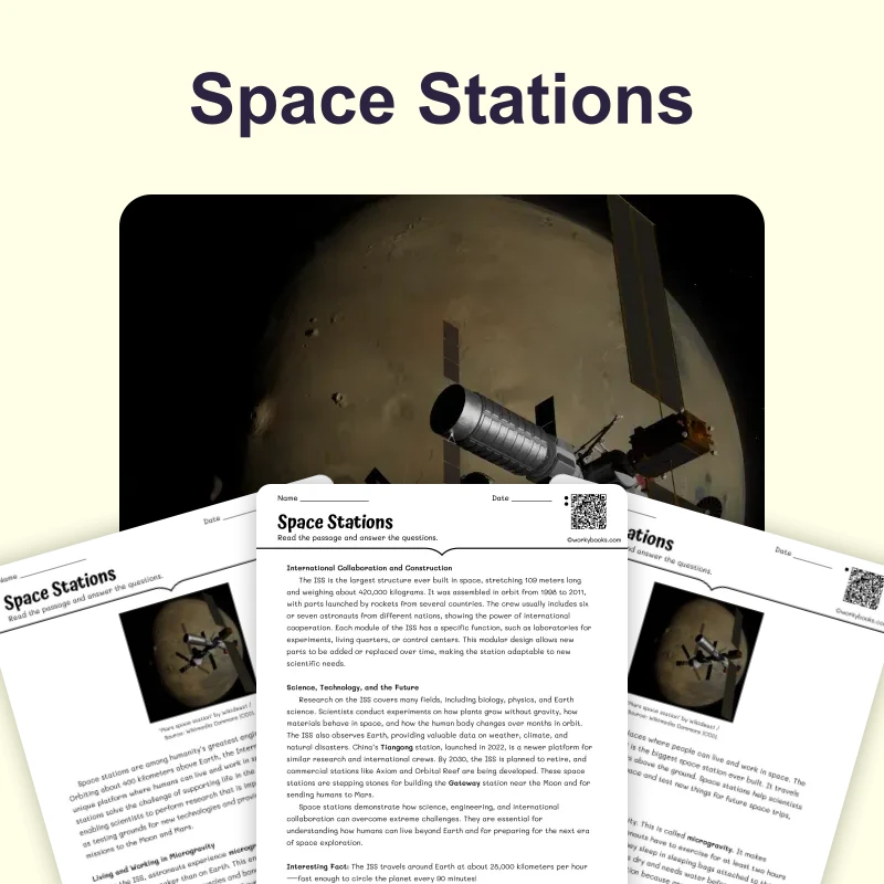 Space Stations — science — reading comprehension for Grade 5, Grade 6, Grade 7, Grade 8, page 1 of 4