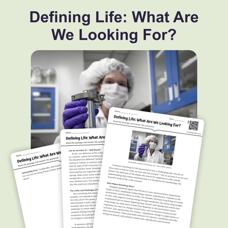 Defining Life: What Are We Looking For? — science — reading comprehension for Grade 5, Grade 6, Grade 7, Grade 8, page 1 of 4