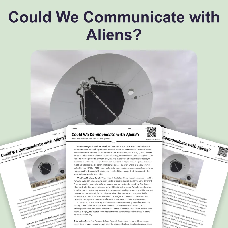 Communicating with Aliens — science — reading comprehension for Grade 5, Grade 6, Grade 7, Grade 8, page 1 of 4