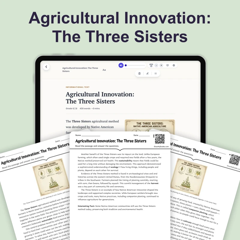 Agricultural Innovation: The Three Sisters — reading — reading comprehension for Grade 6, Grade 7, Grade 8, page 1 of 4