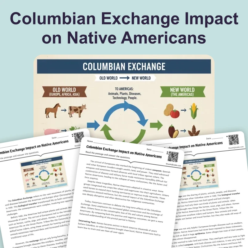 Columbian Exchange Impact on Native Americans — reading — reading comprehension for Grade 6, Grade 7, Grade 8, page 1 of 4