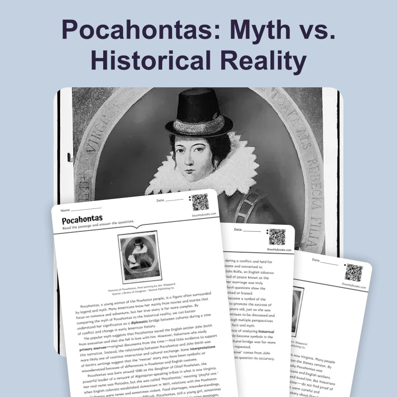 Pocahontas: Myth vs. Historical Reality — ela — reading comprehension for Grade 6, Grade 7, Grade 8, page 1 of 4