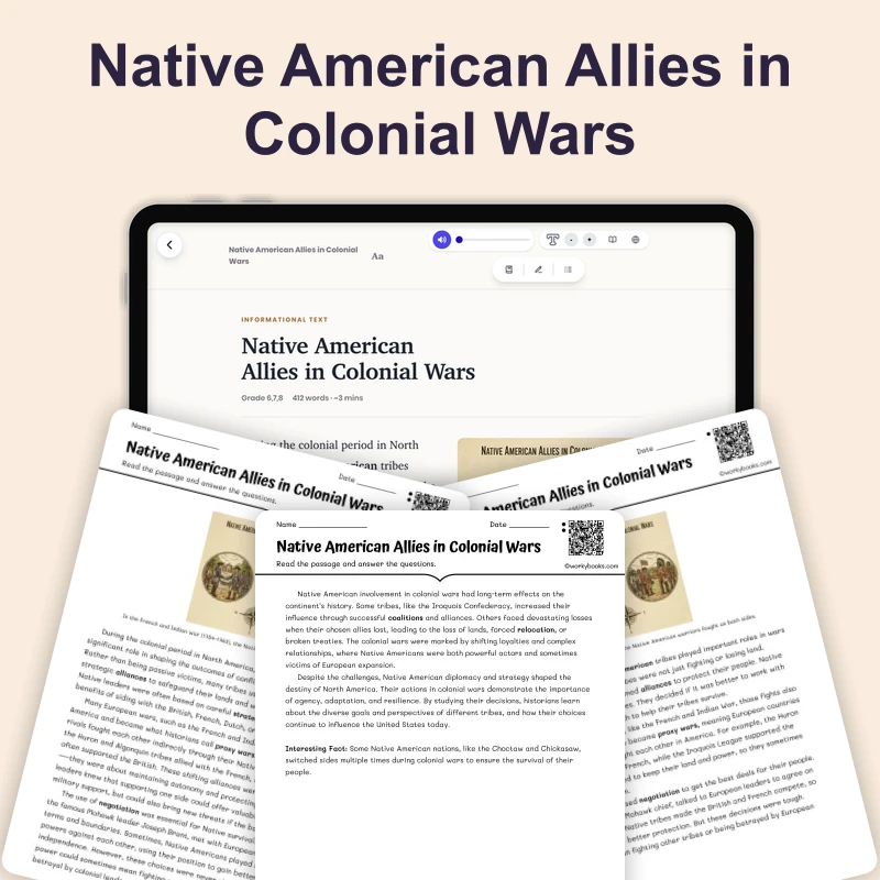 Native American Allies in Colonial Wars — reading — reading comprehension for Grade 6, Grade 7, Grade 8, page 1 of 4
