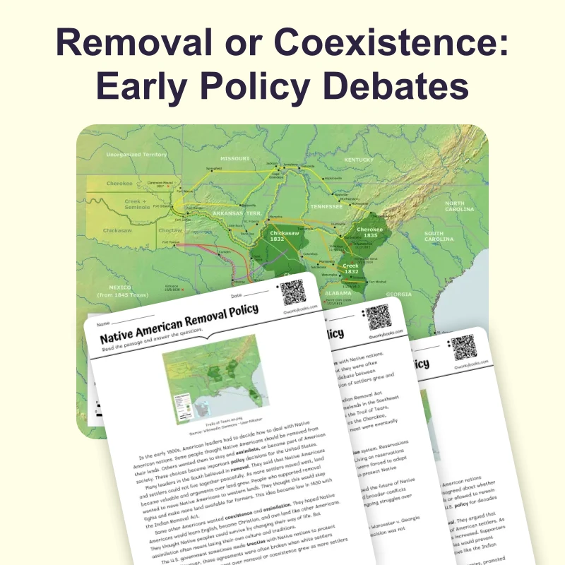 Removal or Coexistence: Early Policy Debates — reading — reading comprehension for Grade 6, Grade 7, Grade 8, page 1 of 4