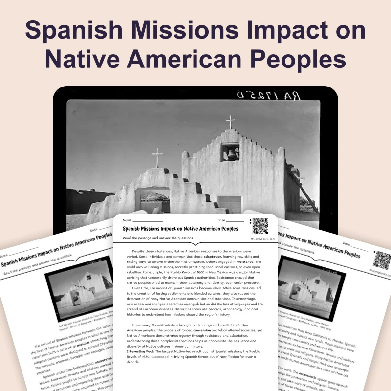 Spanish Missions Impact on Native American — reading — reading comprehension for Grade 6, Grade 7, Grade 8, page 1 of 4