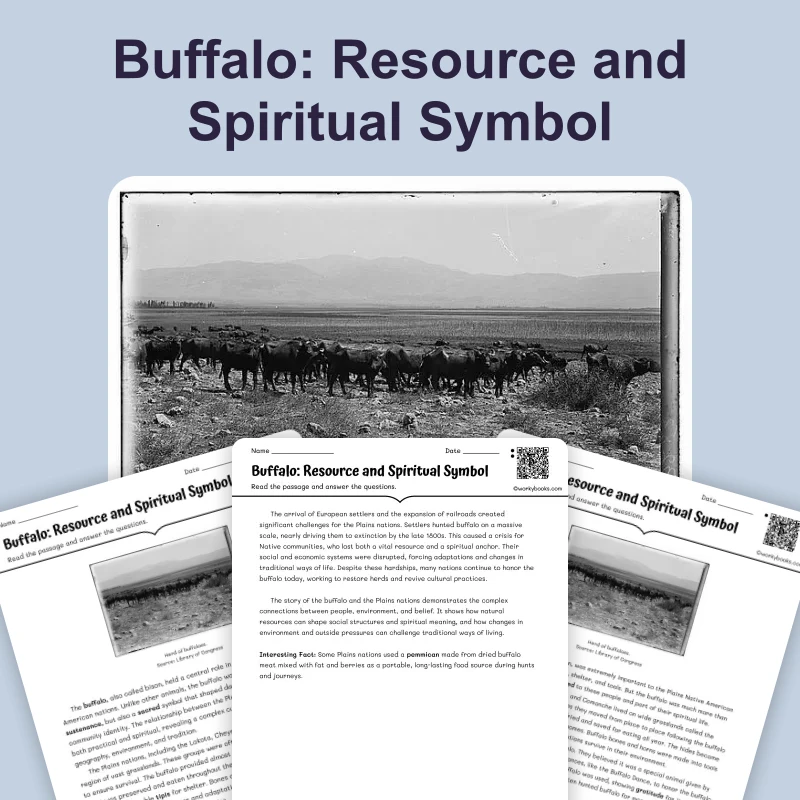 Buffalo: Resource and Spiritual Symbol — reading — reading comprehension for Grade 6, Grade 7, Grade 8, page 1 of 4