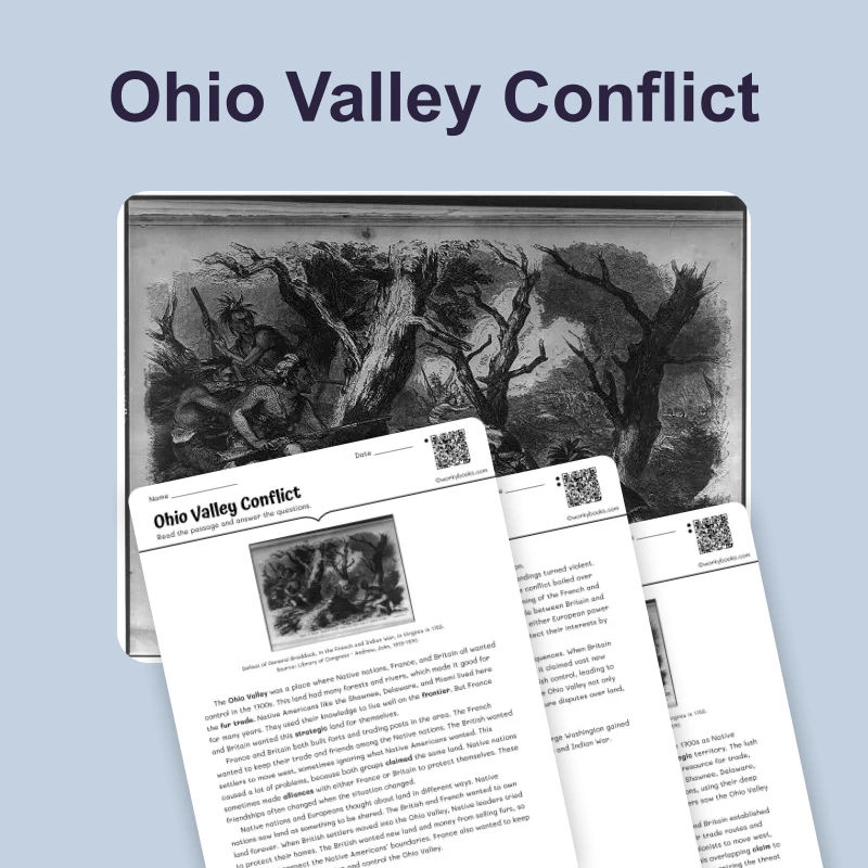Ohio Valley Conflict — reading — reading comprehension for Grade 6, Grade 7, Grade 8, page 1 of 4